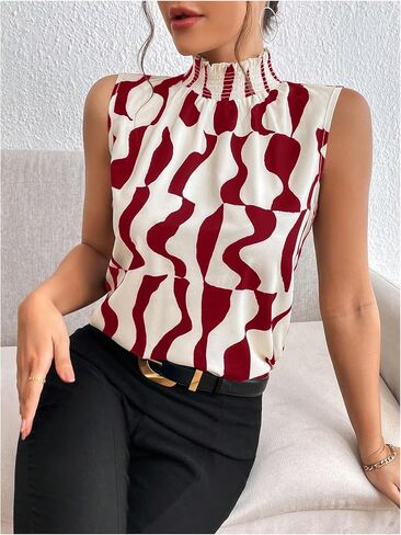 Floerns Women's Geo Print Sleeveless Vest Frill Trim Mock Neck Elegant Blouse Tops in Saudi Arabia
