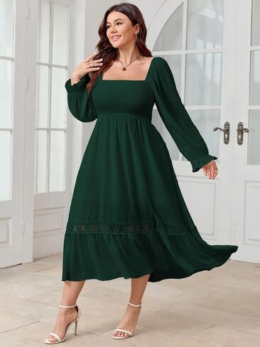 SCOMCHIC Womens Plus Size Fall Dresses Long Sleeve Square Neck Wedding Guest Smocked Flowy Boho Country Western Maxi Dress in Kuwait