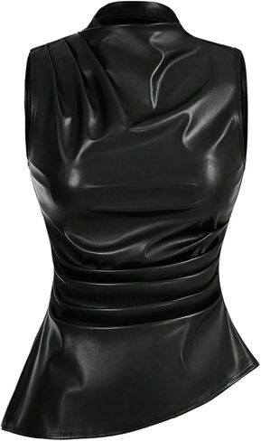 WDIRARA Women's Plus Size Mock Neck PU Leather Tank Top Ruched Sleeveless Asymmetrical Tops in Saudi Arabia