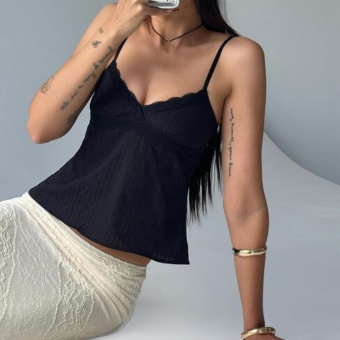Women Y2K Tank Top Vintage Lace Trim V-Neck Slim Cami Crop Top Sweet Preppy Going Out Tops 00s Aesthetic Mini Vest in Saudi Arabia