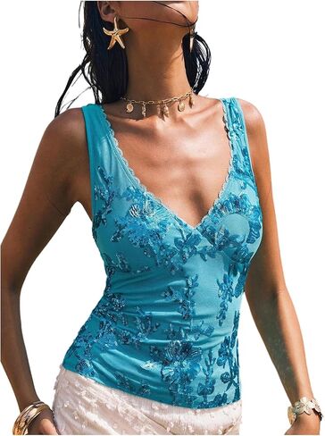 MakeMeChic Women's Y2k Sparkly Sequin Tank Tops Floral Sexy V Neck Lace Crop Party Top in Saudi Arabia