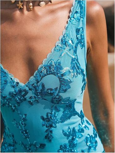 MakeMeChic Women's Y2k Sparkly Sequin Tank Tops Floral Sexy V Neck Lace Crop Party Top in Saudi Arabia