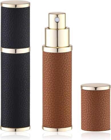 زجاجة عطر للسفر قابلة لإعادة الملء - بخاخ رذاذ كولونيا صغير محمول - حاوية موزع مضخة عطر فارغة بحجم السفر للرجال - 10 مل أسود بني 2 قطعة عينة إعادة تعبئة جلدية صغيرة in Kuwait
