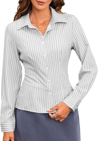MakeMeChic Women's Striped Button Down Shirts Long Sleeve Slim Fit Collared Blouse Y2K Tops in Saudi Arabia