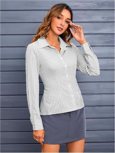 MakeMeChic Women's Striped Button Down Shirts Long Sleeve Slim Fit Collared Blouse Y2K Tops in Saudi Arabia