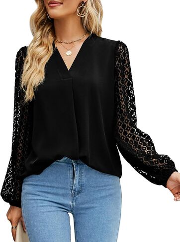 Blouses for Women Lace Long Sleeve Tops Loose Fit V Neck Business Casual Dressy Shirts in Saudi Arabia