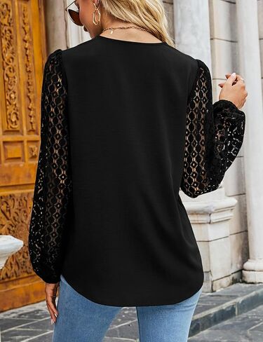 Blouses for Women Lace Long Sleeve Tops Loose Fit V Neck Business Casual Dressy Shirts in Saudi Arabia