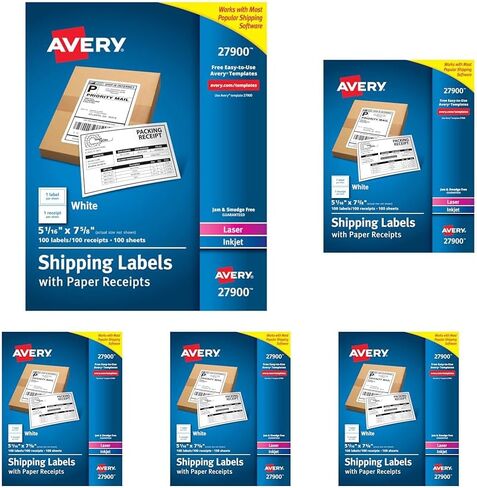 Avery Printable Shipping Labels with Paper Receipts, 5-1/16" x 7-5/8", White, 100 Blank Mailing Labels (27900) in Saudi Arabia