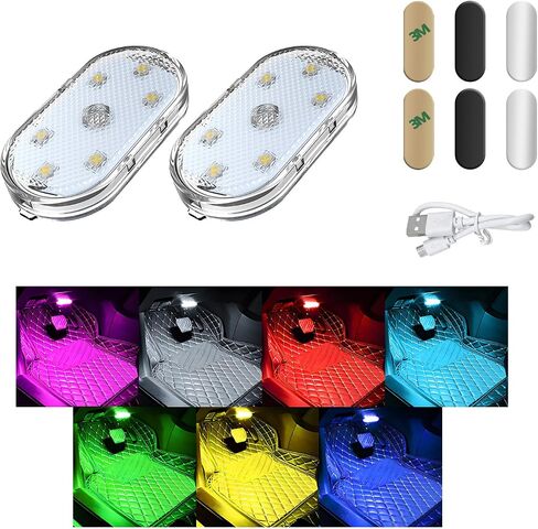 4 قطع مصابيح LED لاسلكية للسيارة، قابلة للشحن عبر USB 7 ألوان للإضاءة المحيطة بالسيارة، ضوء القراءة الداخلي للسيارة مع 6 خرزات مصباح LED، ملحقات السيارة (مثبت لاصق) in Saudi Arabia