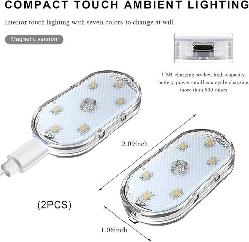 4 قطع مصابيح LED لاسلكية للسيارة، قابلة للشحن عبر USB 7 ألوان للإضاءة المحيطة بالسيارة، ضوء القراءة الداخلي للسيارة مع 6 خرزات مصباح LED، ملحقات السيارة (مثبت لاصق) in Saudi Arabia
