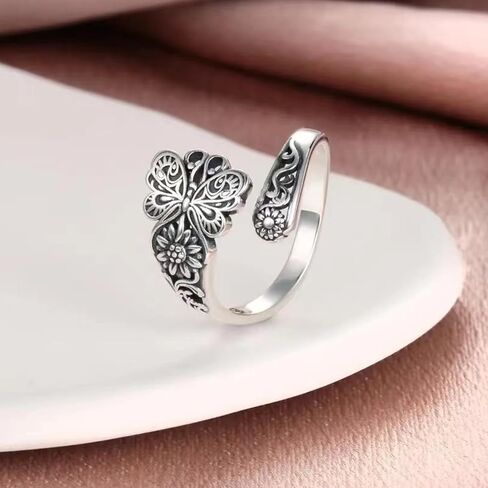Silver Floral Open Ring for Women, Adjustable Stacking Band for Everyday Wear in Saudi Arabia