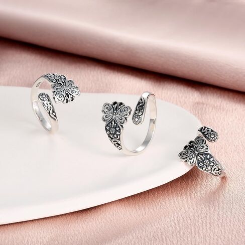 Silver Floral Open Ring for Women, Adjustable Stacking Band for Everyday Wear in Saudi Arabia