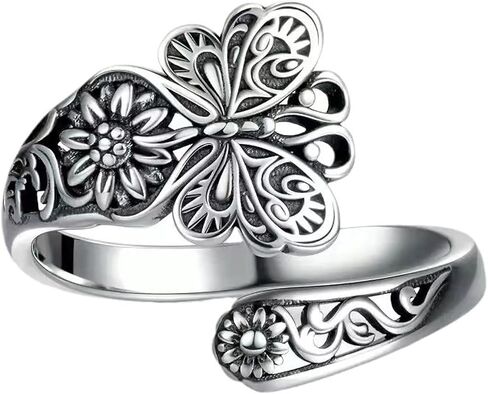 Silver Floral Open Ring for Women, Adjustable Stacking Band for Everyday Wear in Saudi Arabia