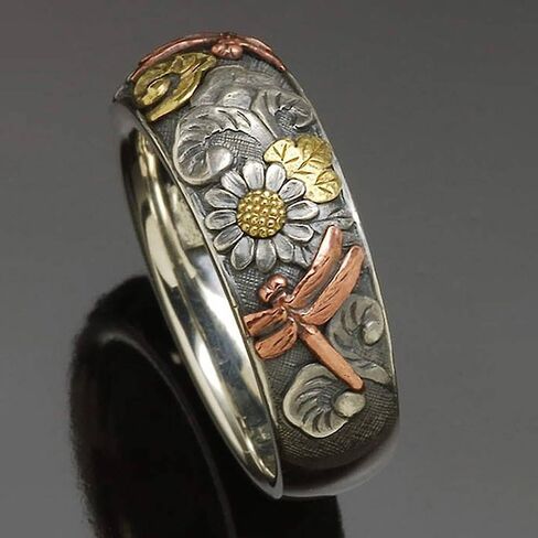 3-Tone Metallic Style Ring with Insect Dragonfly Flower Design Aesthetic Daily Jewelry in Saudi Arabia