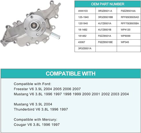 AW4103 Water Pump 3.8L 3.9L V6 For Mercury Cougar 1996 1997,Ford Freestar 2004 2005 2006 2007,Mustang 1996 1997 1998 1999 2000 2001 2002 2003 2004,Thunderbird 1996 19973R3Z8501A 1251940 in Saudi Arabia