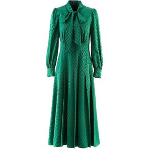 Women's Bow Stand Up Collar Jacquard Long Sleeved Dress with Button Cinched Waist Flowing Long in Saudi Arabia