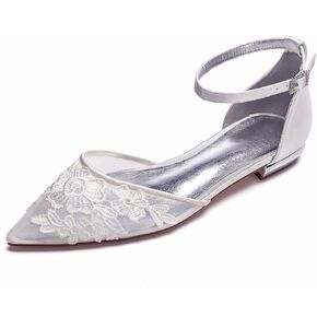 Women's Wedding Bridal Shoes Closed Toe Pointed Lace Mesh Shoes Ballet Flats Buckle Ankle Strap Shoes in Kuwait