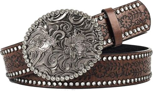 UTOWO Women Western-Cowboy-Belt with Diamond Flower-Buckle Rhinestone Cowgirl Belt Carved Pattern PU-Leather Belt for Jeans in Saudi Arabia