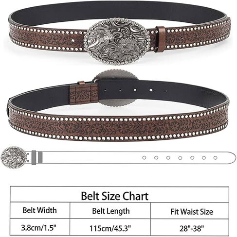 UTOWO Women Western-Cowboy-Belt with Diamond Flower-Buckle Rhinestone Cowgirl Belt Carved Pattern PU-Leather Belt for Jeans in Saudi Arabia