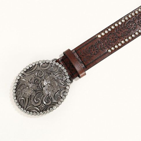 UTOWO Women Western-Cowboy-Belt with Diamond Flower-Buckle Rhinestone Cowgirl Belt Carved Pattern PU-Leather Belt for Jeans in Saudi Arabia