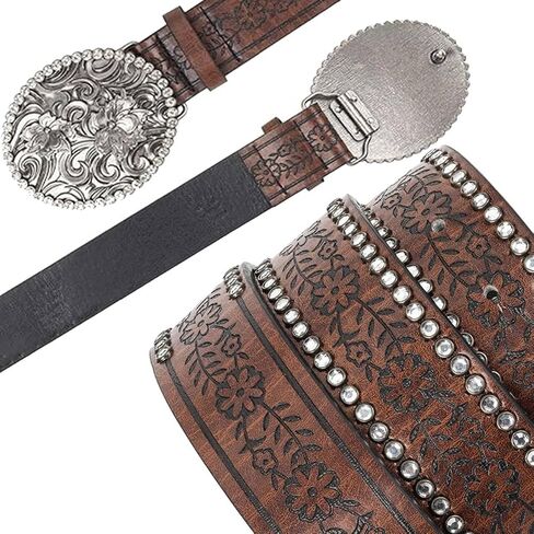 UTOWO Women Western-Cowboy-Belt with Diamond Flower-Buckle Rhinestone Cowgirl Belt Carved Pattern PU-Leather Belt for Jeans in Saudi Arabia
