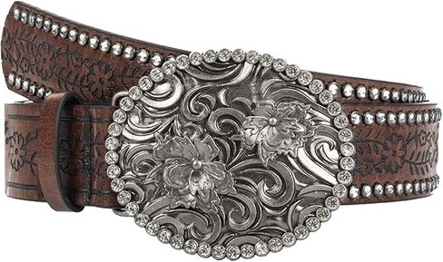 UTOWO Women Western-Cowboy-Belt with Diamond Flower-Buckle Rhinestone Cowgirl Belt Carved Pattern PU-Leather Belt for Jeans in Saudi Arabia