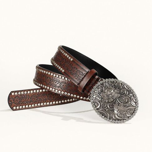 UTOWO Women Western-Cowboy-Belt with Diamond Flower-Buckle Rhinestone Cowgirl Belt Carved Pattern PU-Leather Belt for Jeans in Saudi Arabia