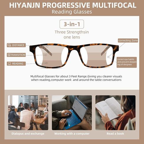 HIYANJN 3 Pack Progressive/Bifocal Reading Glasses for Men Blue Light Multifocal Readers With Rectangular Frame Lightweight in Saudi Arabia
