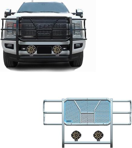 Black Horse RUGGED Heavy Duty Grille Brush Bumper Guard Modular Black Come With pair of 7.0"LED Lights Compatible with 2017-2022 Ford F-250/Ford F-350/Ford F-450/Ford F-550 Super Duty-RU-FOF217-B-PLB in Kuwait