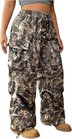 Women's Plus Size Graphic Camo Cargo Pants Wide Leg Elastic High Waisted Outdoor Trousers with Pocket in Saudi Arabia