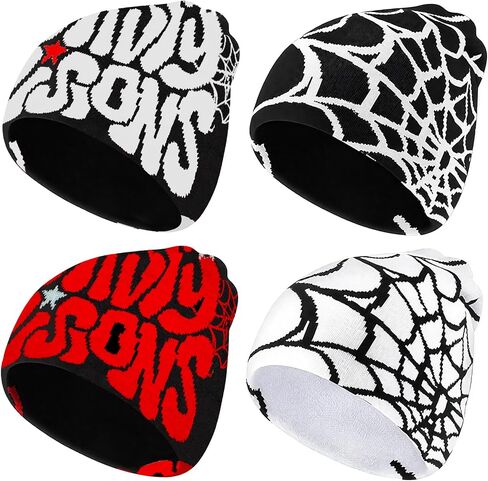 4 قطع Y2K Beanie Spider Web Beanie، أغطية رأس شتوية محبوكة برسومات قوطية للرجال والنساء باللون الأسود in Saudi Arabia