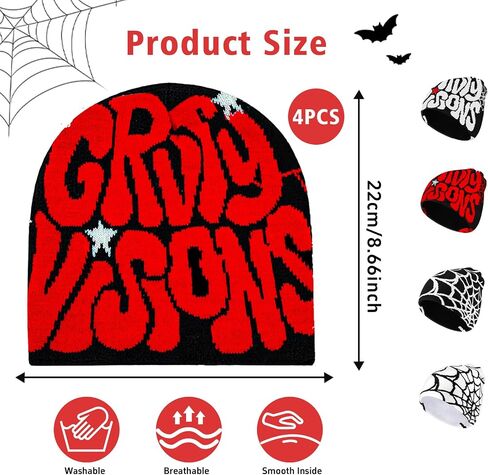 4 قطع Y2K Beanie Spider Web Beanie، أغطية رأس شتوية محبوكة برسومات قوطية للرجال والنساء باللون الأسود in Saudi Arabia