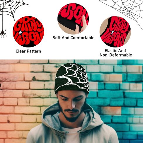 4 قطع Y2K Beanie Spider Web Beanie، أغطية رأس شتوية محبوكة برسومات قوطية للرجال والنساء باللون الأسود in Saudi Arabia
