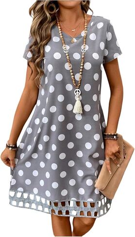 Milumia Women's V Neck Polka Dots Mini Dress Short Sleeve A Line Loose Short T Shirt Dresses in Saudi Arabia