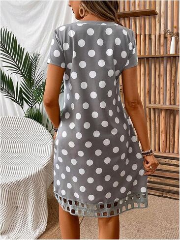 Milumia Women's V Neck Polka Dots Mini Dress Short Sleeve A Line Loose Short T Shirt Dresses in Saudi Arabia