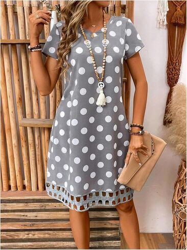 Milumia Women's V Neck Polka Dots Mini Dress Short Sleeve A Line Loose Short T Shirt Dresses in Saudi Arabia