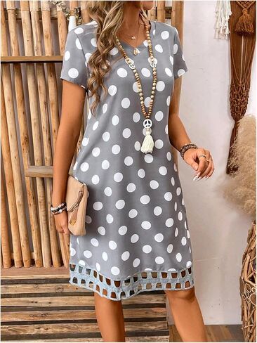 Milumia Women's V Neck Polka Dots Mini Dress Short Sleeve A Line Loose Short T Shirt Dresses in Saudi Arabia