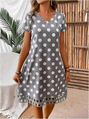 Milumia Women's V Neck Polka Dots Mini Dress Short Sleeve A Line Loose Short T Shirt Dresses in Saudi Arabia