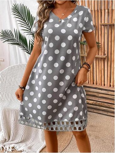 Milumia Women's V Neck Polka Dots Mini Dress Short Sleeve A Line Loose Short T Shirt Dresses in Saudi Arabia