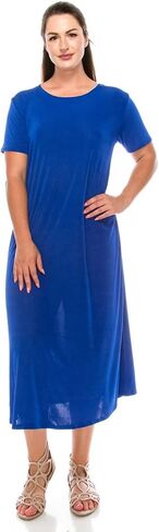 Jostar Women's Basic Midi Dress – Short Sleeve Basic Stretch Casual Swing Flowy T Shirt Long One Piece in Kuwait