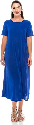 Jostar Women's Basic Midi Dress – Short Sleeve Basic Stretch Casual Swing Flowy T Shirt Long One Piece in Kuwait