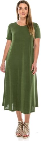 Jostar Women's Basic Midi Dress – Short Sleeve Basic Stretch Casual Swing Flowy T Shirt Long One Piece in Kuwait