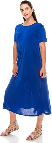 Jostar Women's Basic Midi Dress – Short Sleeve Basic Stretch Casual Swing Flowy T Shirt Long One Piece in Kuwait