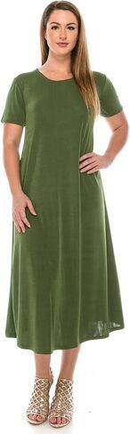 Jostar Women's Basic Midi Dress – Short Sleeve Basic Stretch Casual Swing Flowy T Shirt Long One Piece in Kuwait