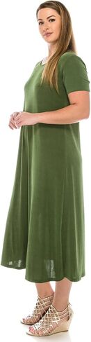 Jostar Women's Basic Midi Dress – Short Sleeve Basic Stretch Casual Swing Flowy T Shirt Long One Piece in Kuwait