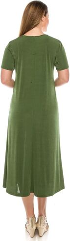 Jostar Women's Basic Midi Dress – Short Sleeve Basic Stretch Casual Swing Flowy T Shirt Long One Piece in Kuwait