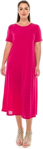 Jostar Women's Basic Midi Dress – Short Sleeve Basic Stretch Casual Swing Flowy T Shirt Long One Piece in Kuwait