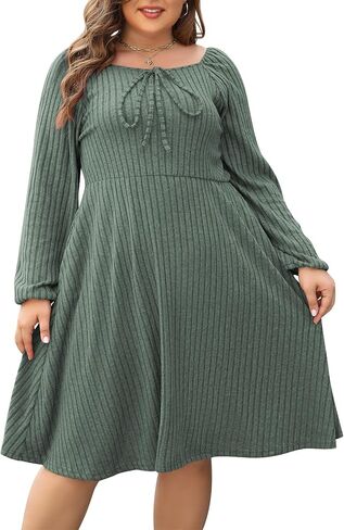 Nemidor Womens Plus Size Casual Fall Dress Square Neck Long Sleeve Ribbed Swing Sweater Dresses with Pocket in Saudi Arabia