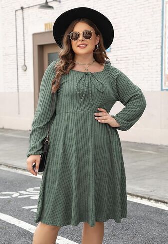 Nemidor Womens Plus Size Casual Fall Dress Square Neck Long Sleeve Ribbed Swing Sweater Dresses with Pocket in Saudi Arabia