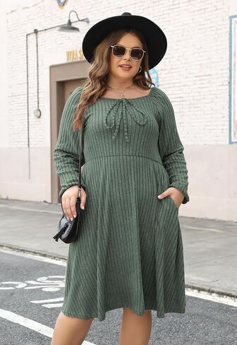 Nemidor Womens Plus Size Casual Fall Dress Square Neck Long Sleeve Ribbed Swing Sweater Dresses with Pocket in Saudi Arabia